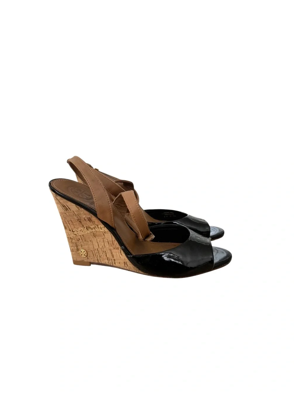 Tory Burch Ashton Black Patent‎ Leather Cork Wedge Peep Toe Heels Size 8